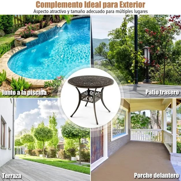 Mesa de jardim em alumínio com orifício para guarda-sol de 5 cm 90 x 74 cm Castanho antigo