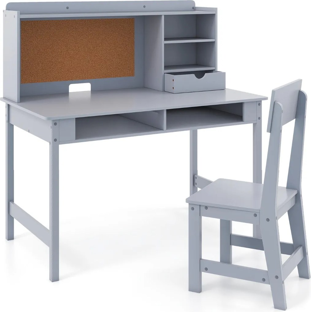 Conjunto de secretária e cadeira infantil em madeira com prateleira de cortiça, estação de computador para quarto, escola, Cinzenta