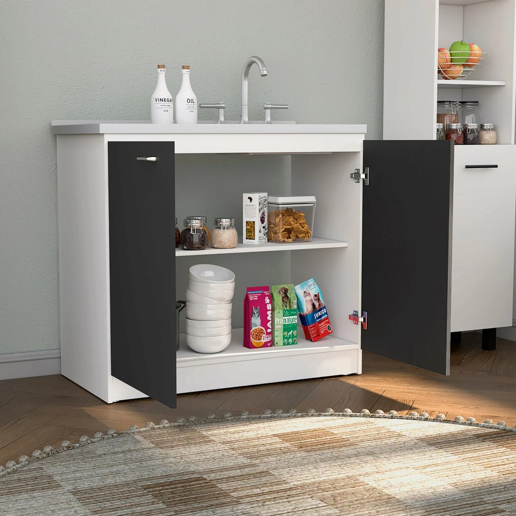 Móvel de cozinha com lava-louças e bancada de alumínio e prateleiras internas, 90cm a x 52,5 cm p x 100cm L, branco/preto