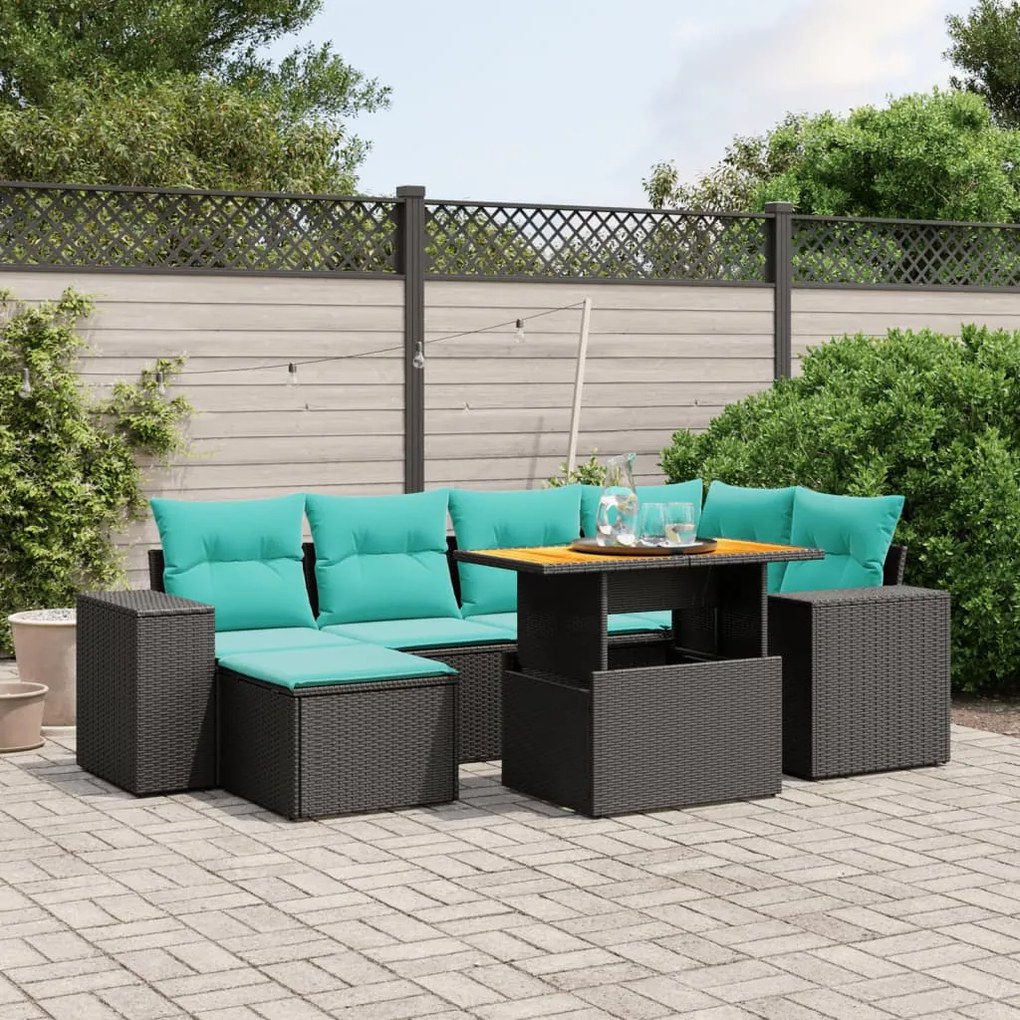 7 pcs conjunto de sofás p/ jardim c/ almofadões vime PE preto