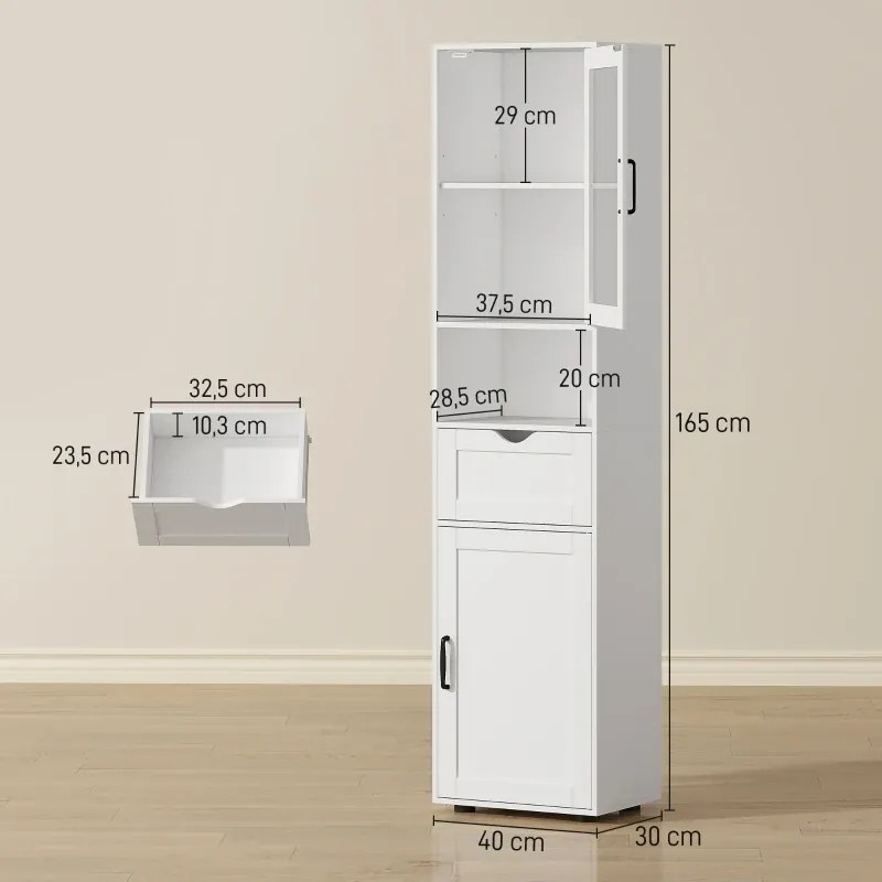 Coluna Casa de Banho ou armário de cozinha 40x30x165 cm com Porta de Vidro Prateleiras Ajustáveis Gaveta e Prateleira Aberta Branco