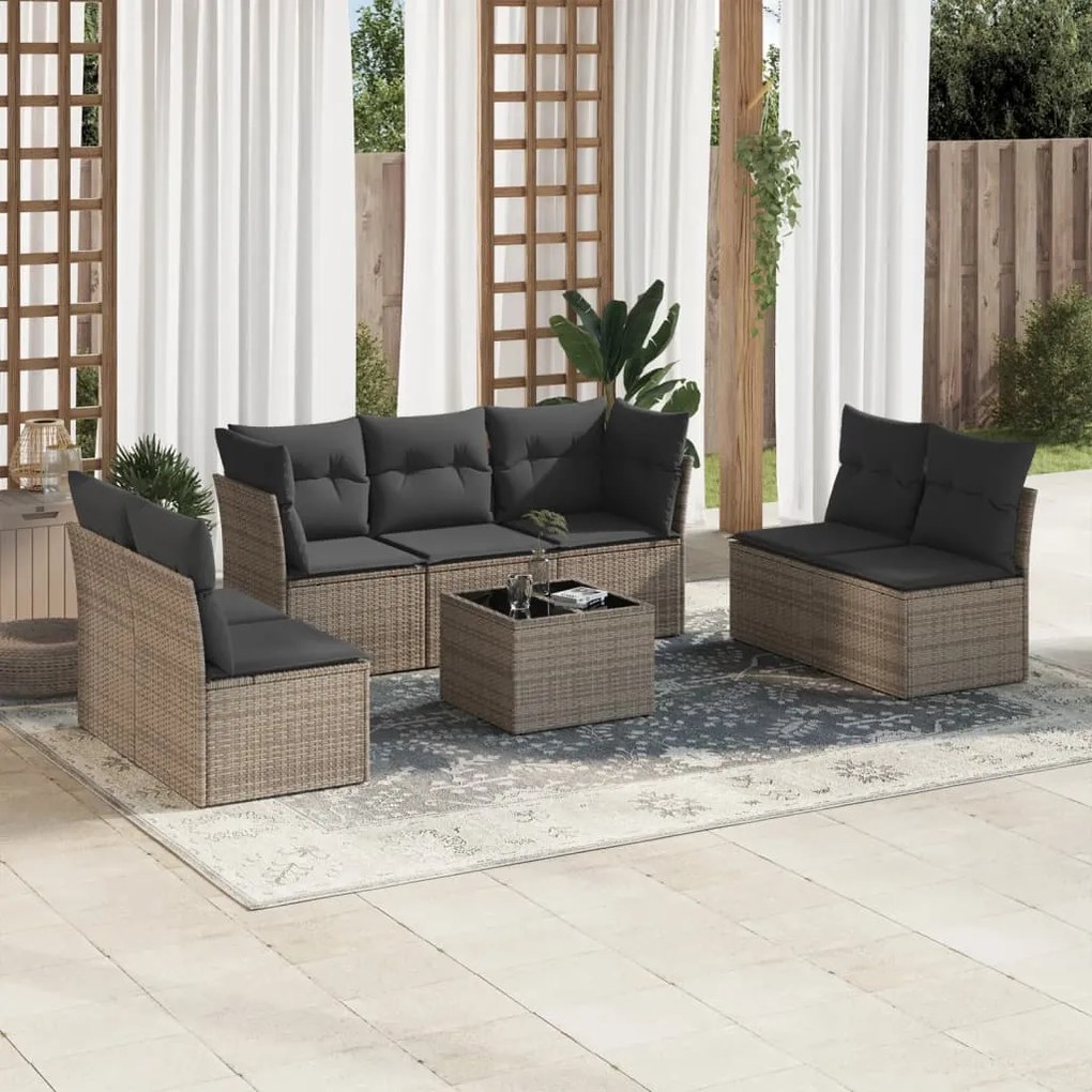 8 pcs conjunto sofás de jardim c/ almofadões vime PE cinzento