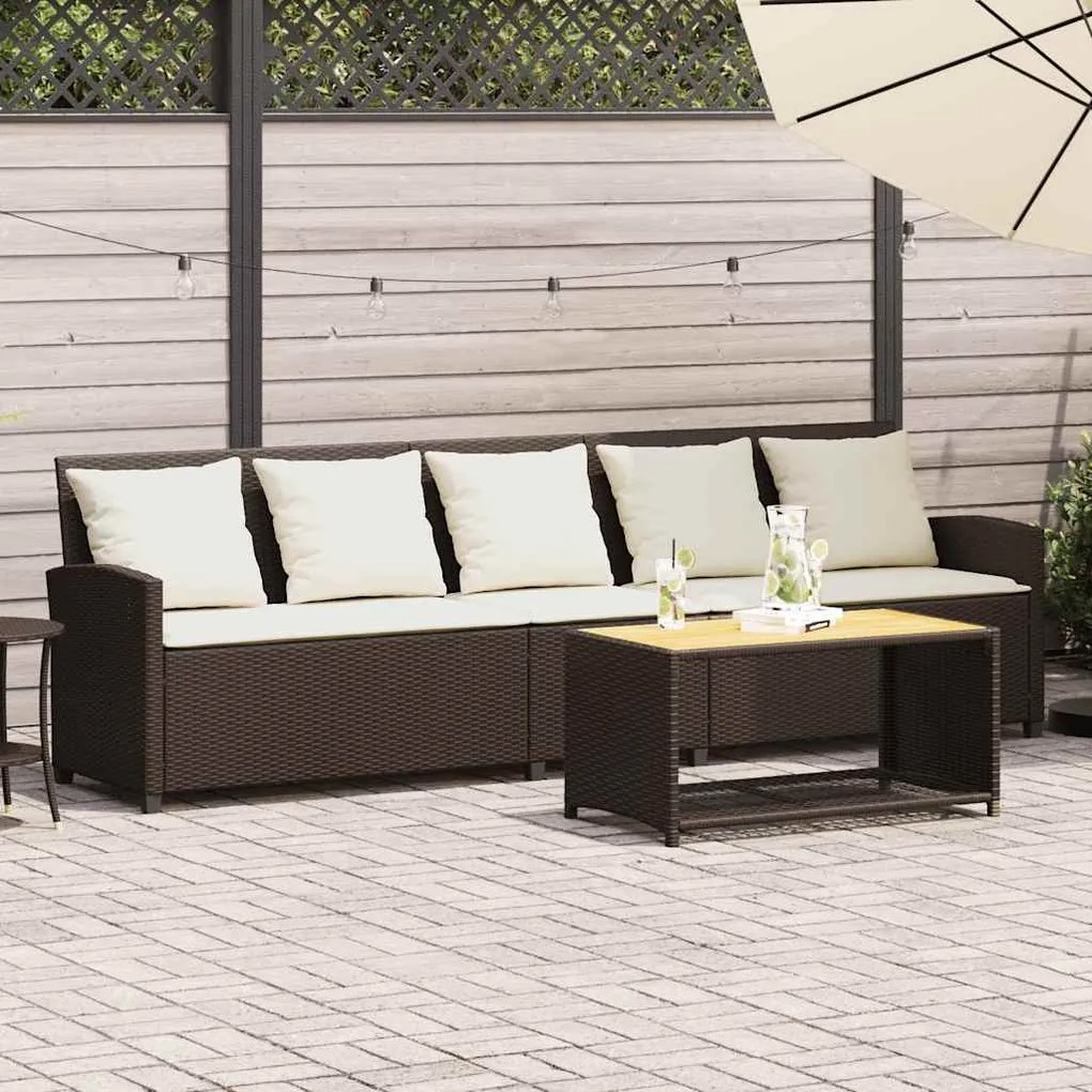 Sofá de jardim com almofadões 5 lugares vime PE castanho