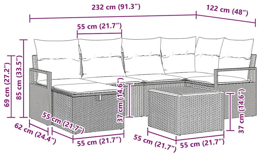Conjunto de Sofá de Jardim vidaXL 7 Peças com Almofadas Bege de Vime P
