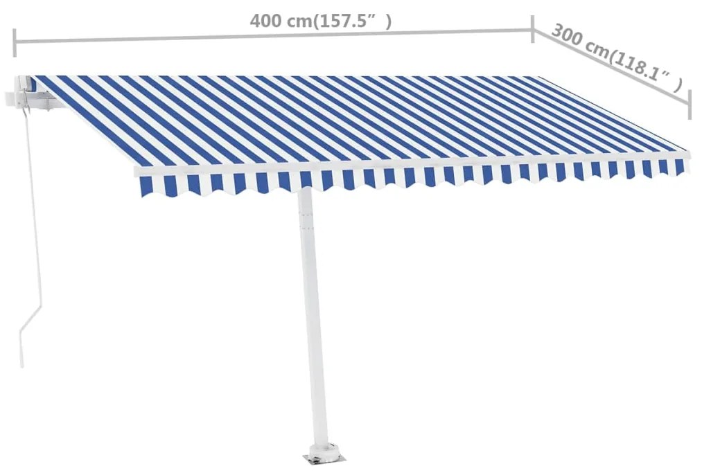 Toldo retrátil manual independente 400x300 cm azul e branco