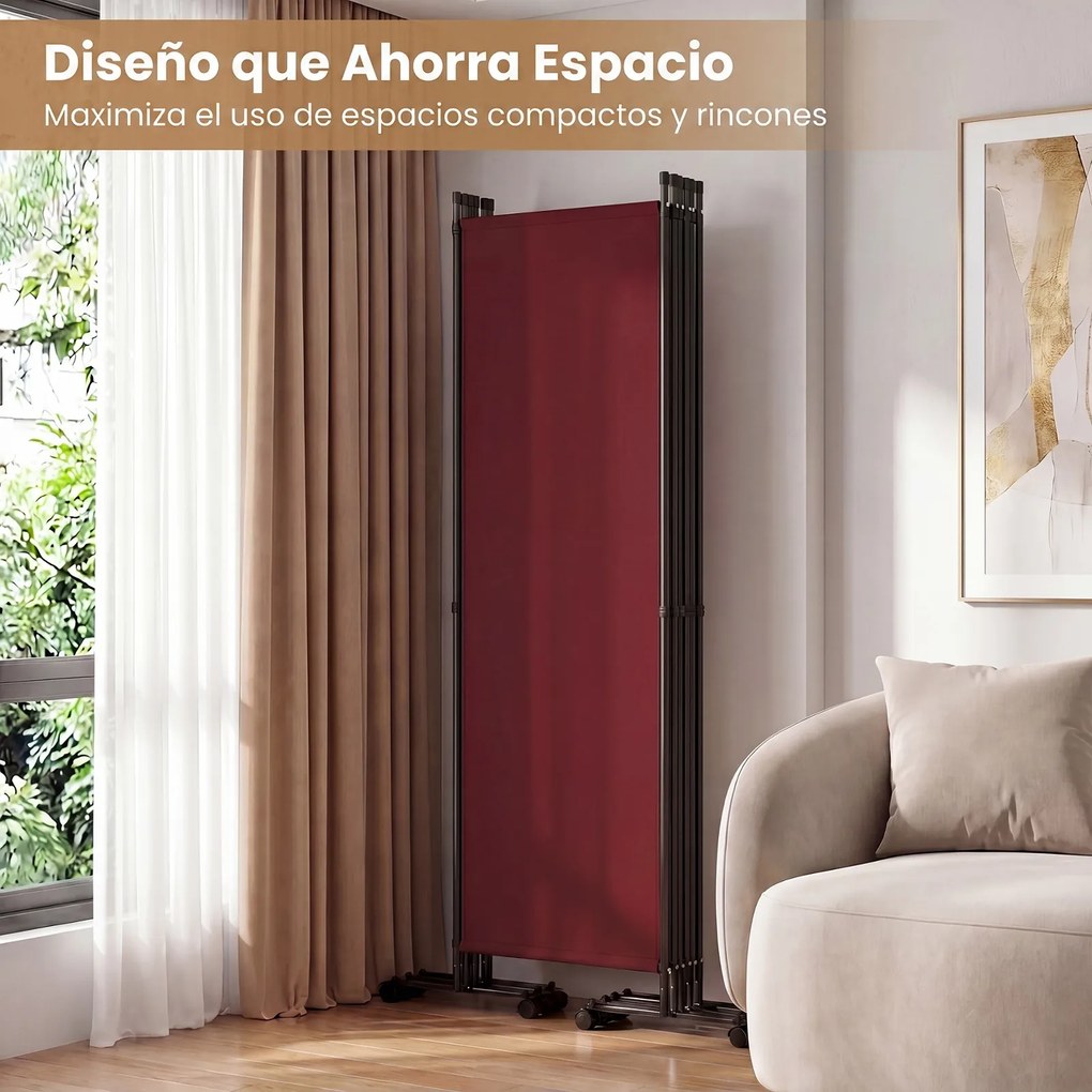 Biombo Separador de Ambientes Dobrável de 6 Painéis, 331,5 x 35,5 x 173 cm, Rodas com Travão, Castanho
