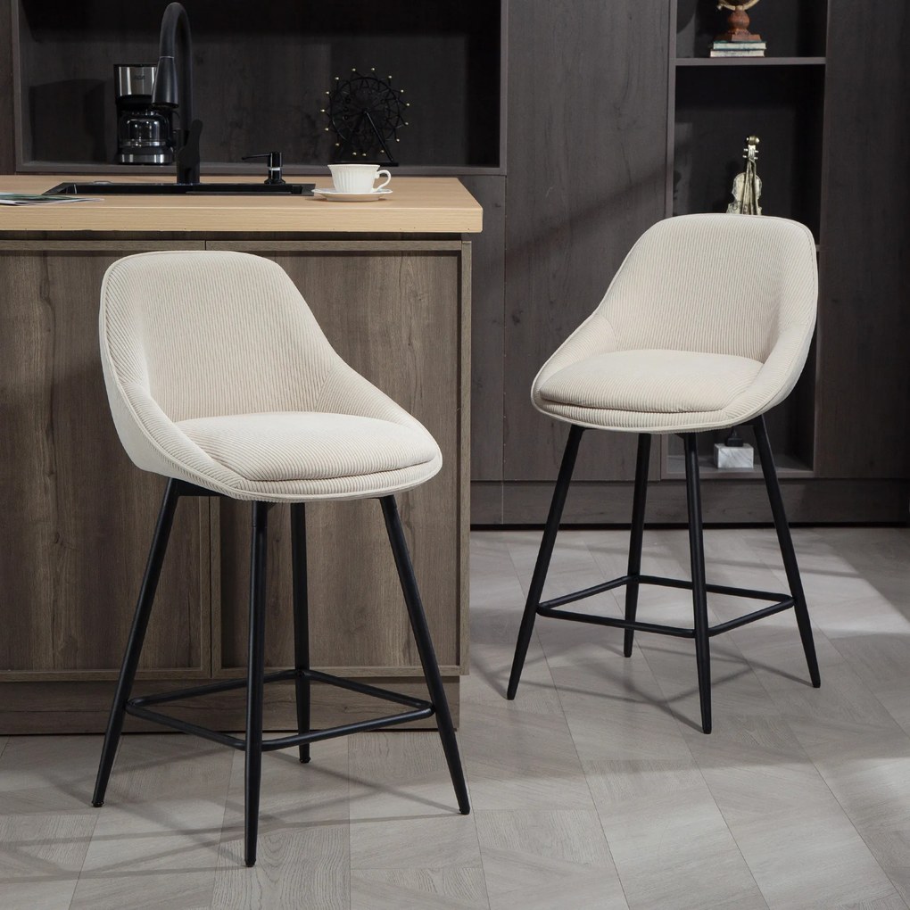 Conjunto de 2 bancos de bar em veludo canelado, bancos de bar com encosto curvo e apoio para os pés, 49 x 52 x 88 cm, creme