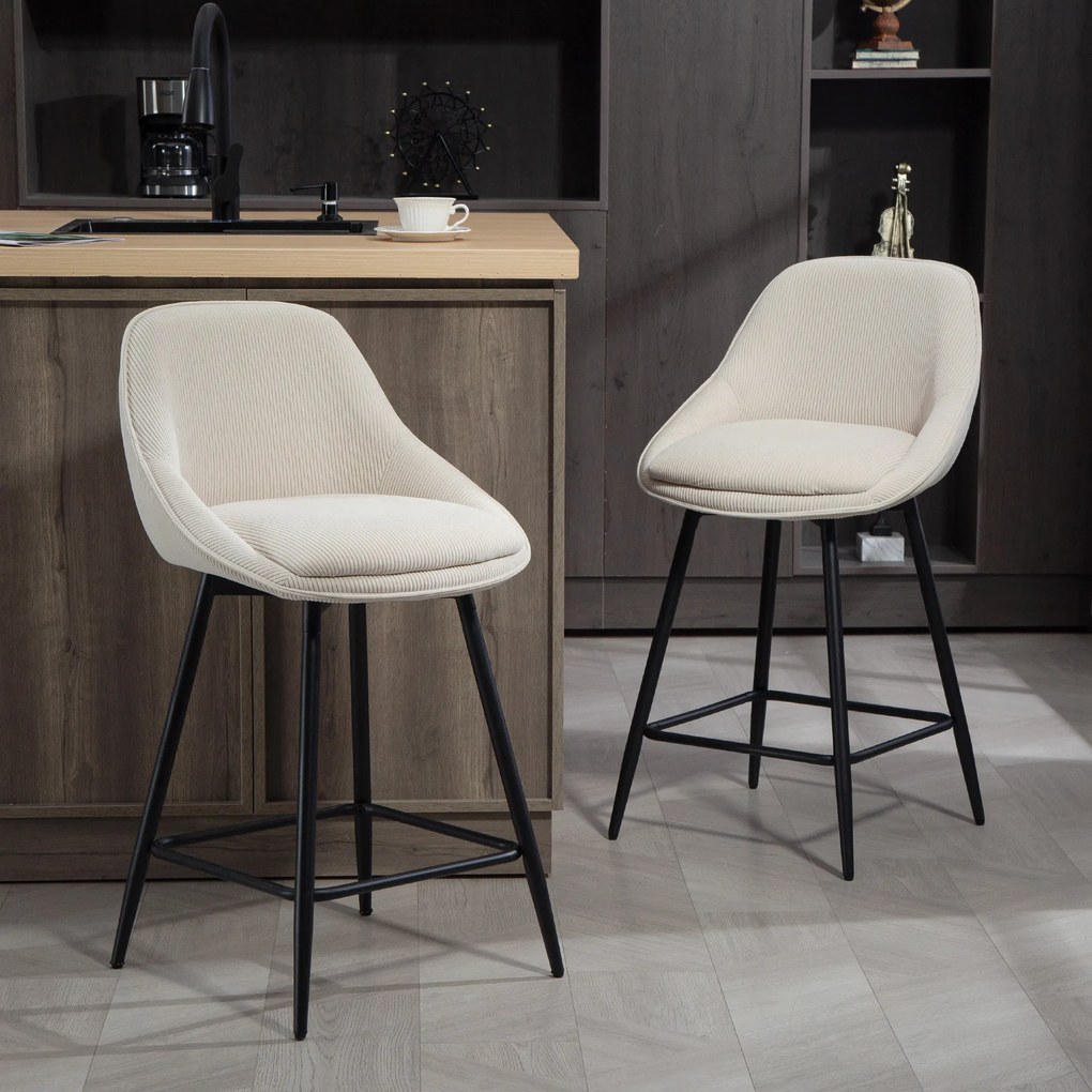Conjunto de 2 bancos de bar em veludo canelado, com encosto curvo e apoio para os pés, 49x52x88 cm, creme