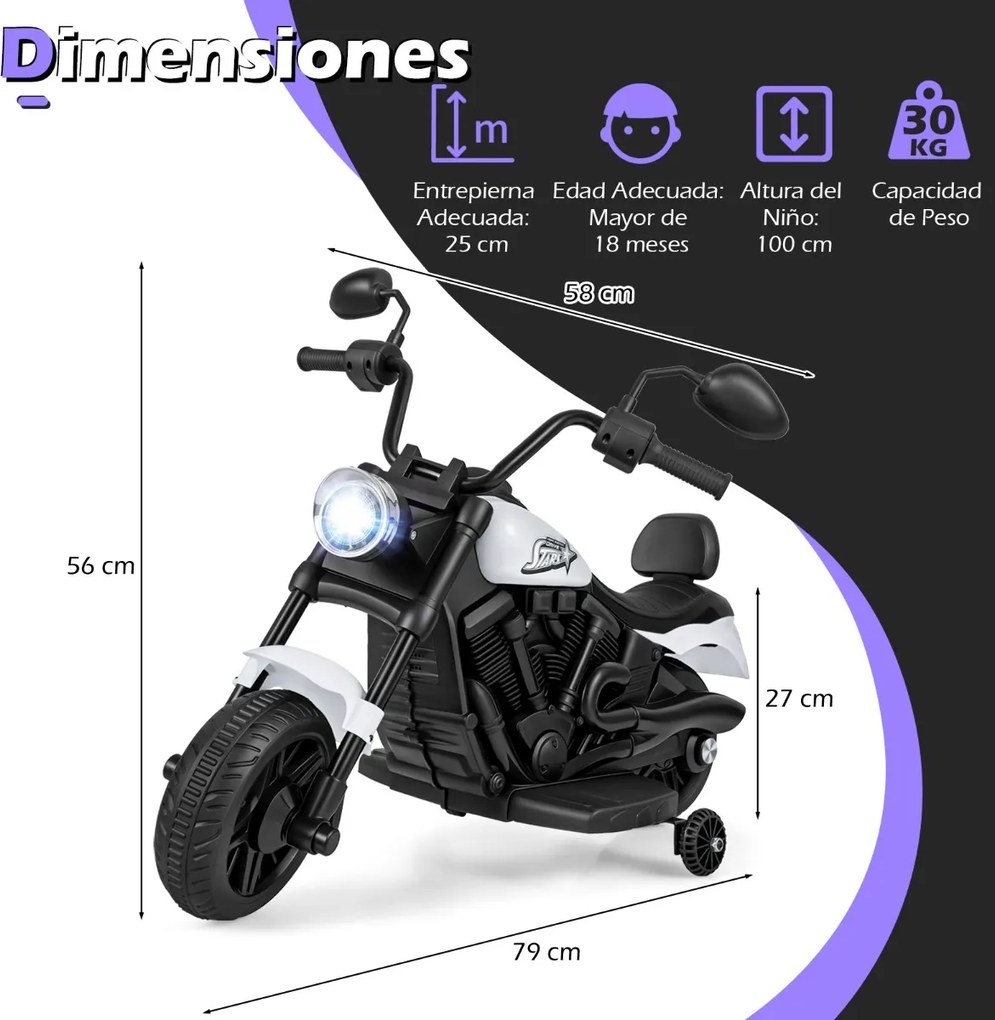 Mota elétrica infantil de 6 V com farol LED, música, 2 rodas, pedais de treino e espelhos retrovisores – a partir dos 18 meses – Preto + Branco