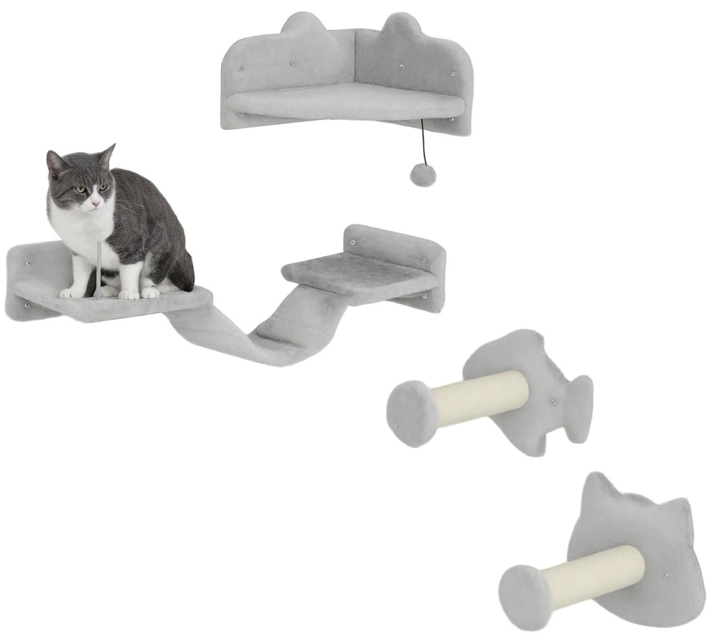 PawHut Conjunto de Prateleiras de Escalada para Gatos de 4 Peças Arranhador de Parede com 2 Postes de Sisal Plataforma Dupla com Escada e Plataforma para Saltar Cinzento