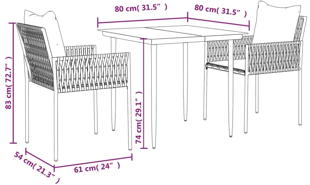 3 pcs conjunto de jantar p/ jardim c/ almofadões vime PE e aço