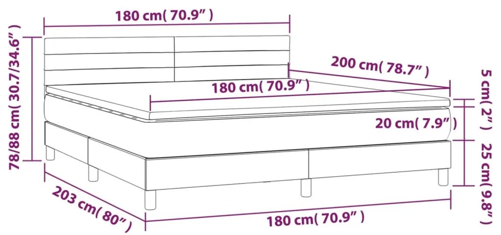 Cama box spring c/ colchão e LED 180x200 cm tecido cinza-claro