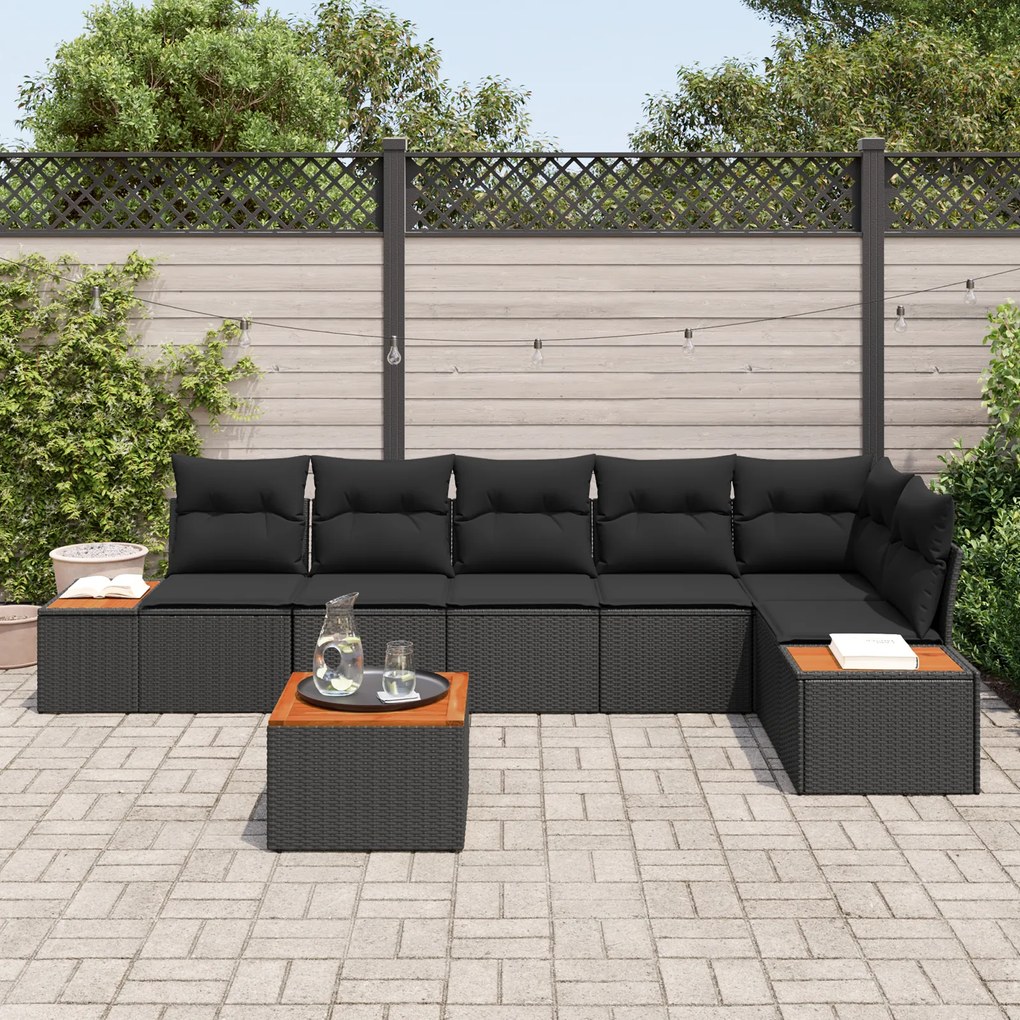Conjunto de Sofás de Jardim vidaXL de 7 Peças com Almofadas Preto Ratt