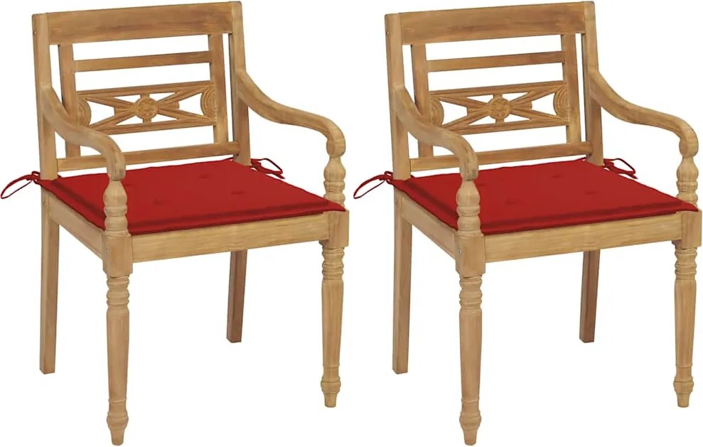 vidaXL Cadeiras Batávia c/ almofadões vermelho 2 pcs teca maciça