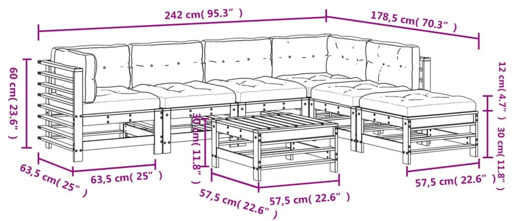 7 pcs conj. lounge jardim com almofadões madeira douglas maciça