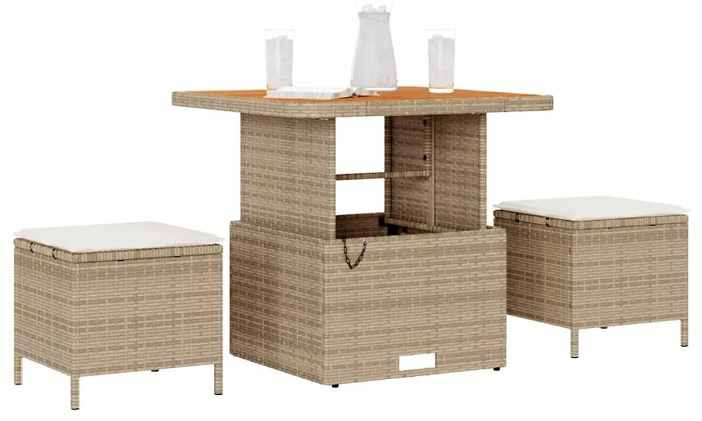 Conjunto de Jantar para Jardim em 3 Peças com Almofadas Bege em Rattan