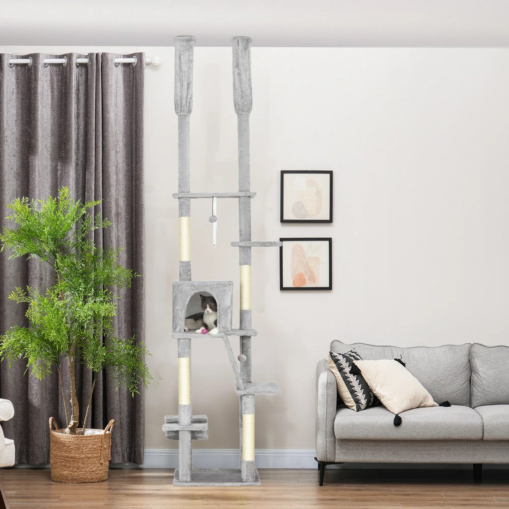 Árvore para gatos do chão ao teto, com arranhador, altura ajustável de 225 a 255 cm, 6 níveis e nicho com rede, cinza claro