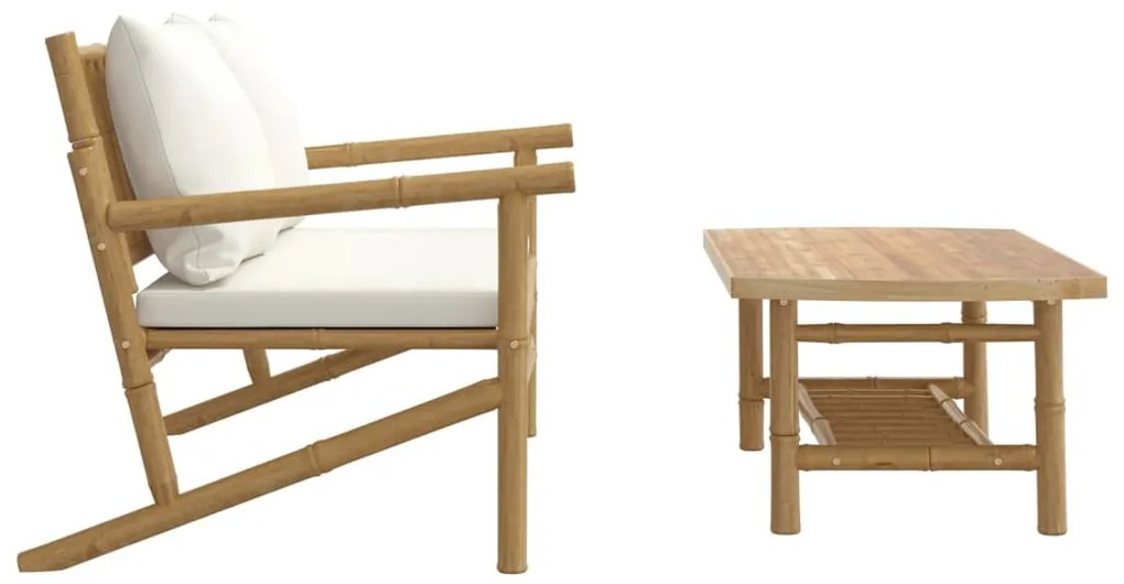 2 pcs conjunto lounge de jardim bambu c/ almofadões branco nata