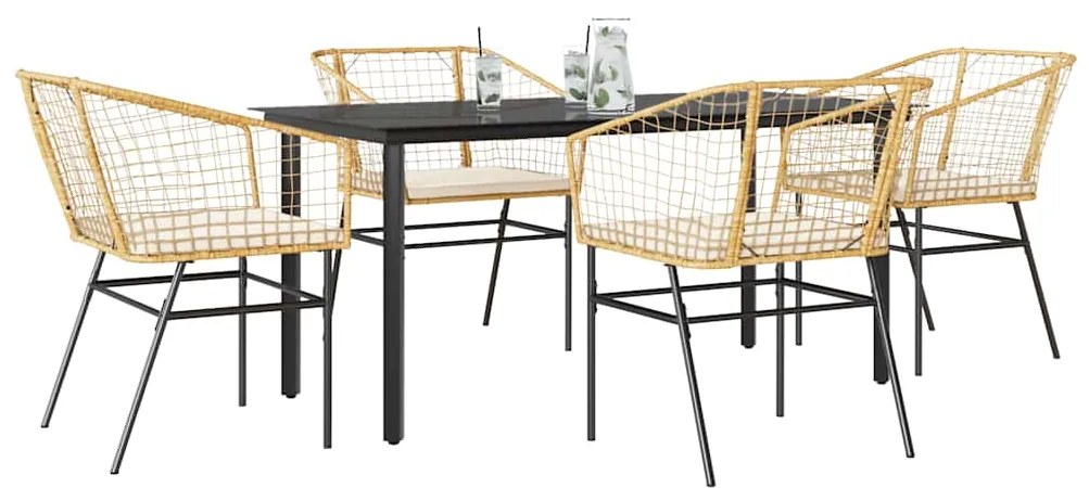 vidaXL Conjunto jantar jardim 5 peças almofadas vidro vime PE castanho