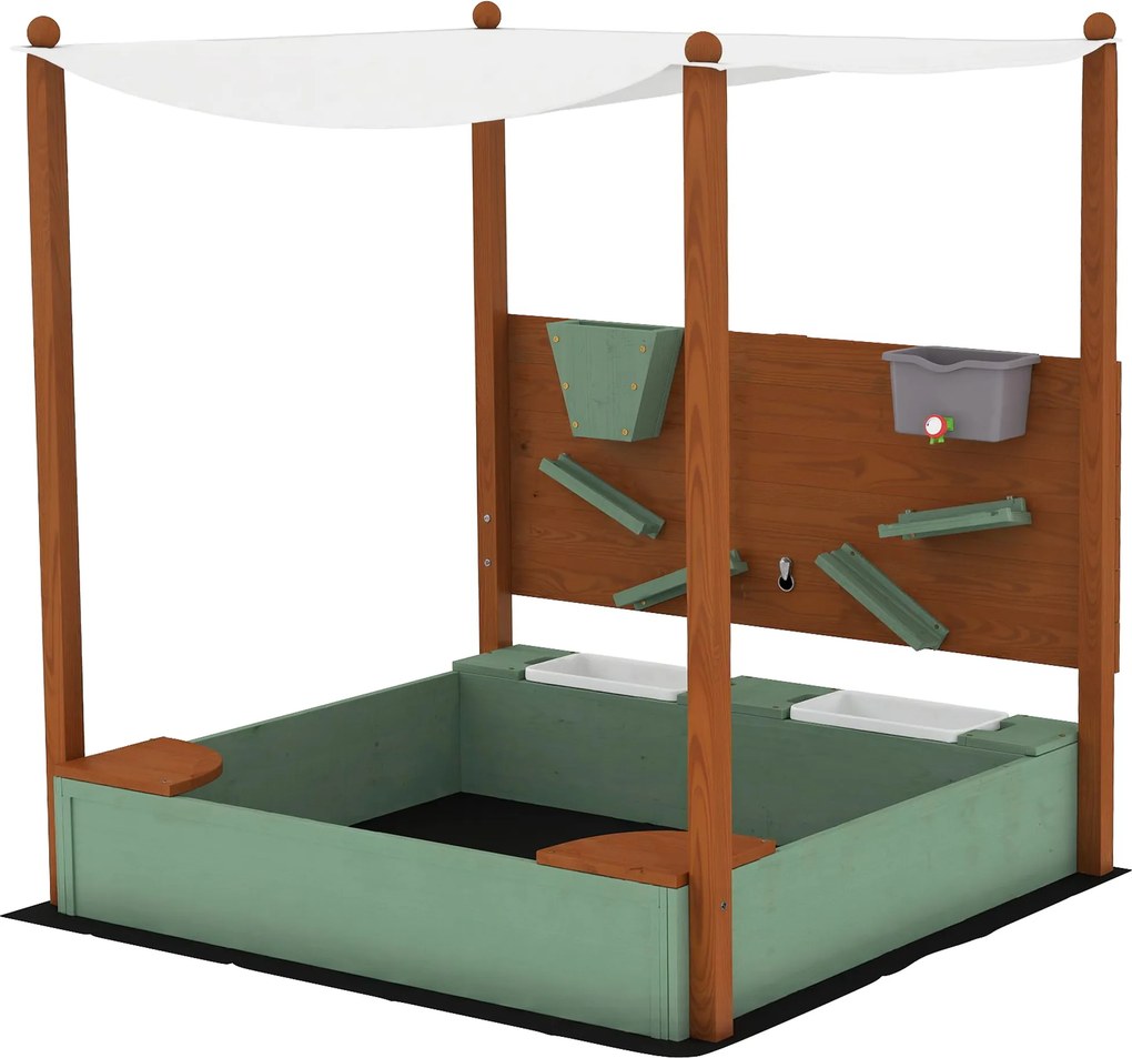 AIYAPLAY Caixa de Areia para Crianças de Madeira com Teto 2 Assentos 2 Caixas Torneira Funil 116x112,5x128 cm Verde | Aosom Portugal