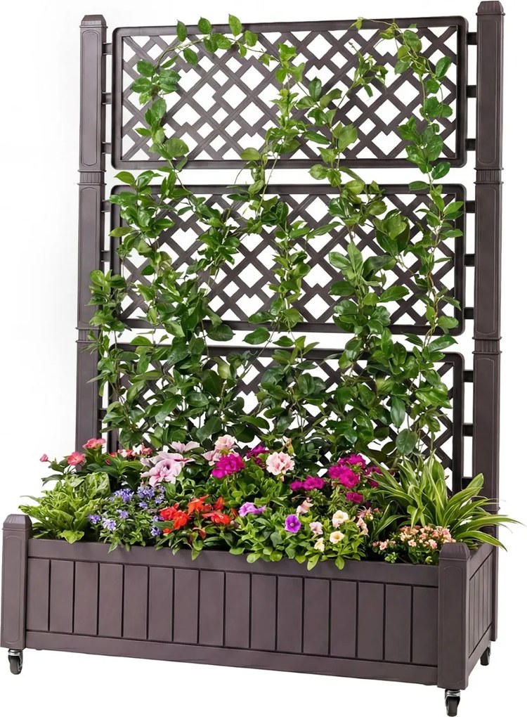 Floreira de jardim elevada com treliça 80 x 40 x 140 cm, vasos móveis, drenagem, rodas bloqueáveis para vegetais e plantas, interior e exterior Castan