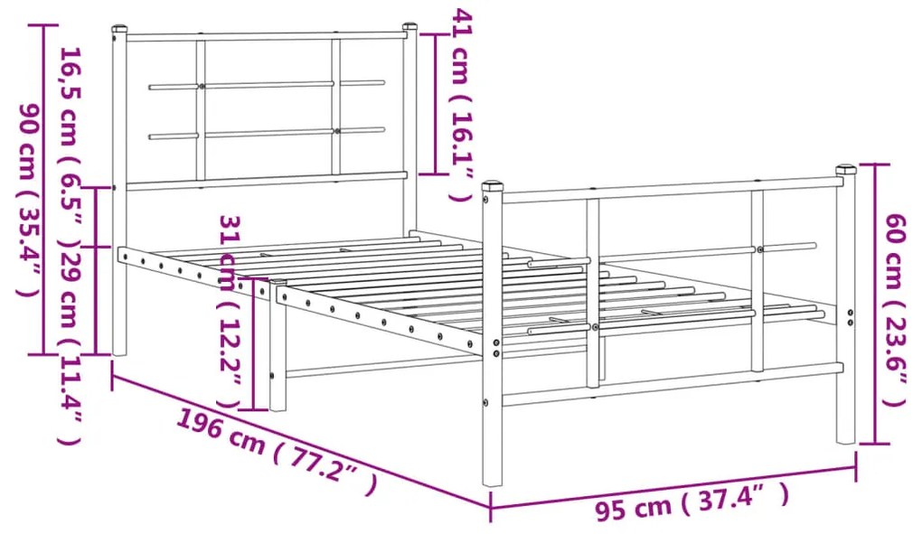 Estrutura de cama com cabeceira e pés 90x190 cm metal branco