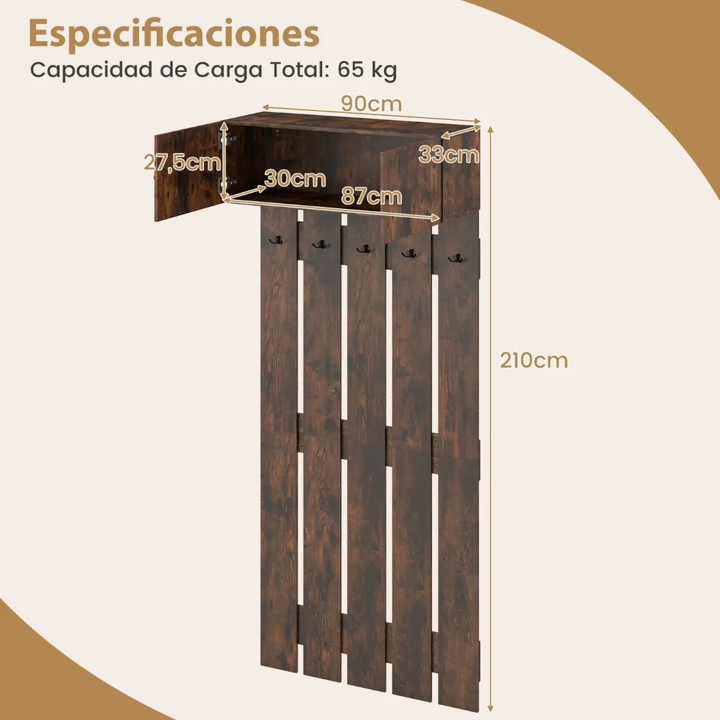Cabide de parede para hall de entrada 90 x 33 x 210 cm com 5 ganchos duplos e armário com 2 portas e prateleira superior Castanho