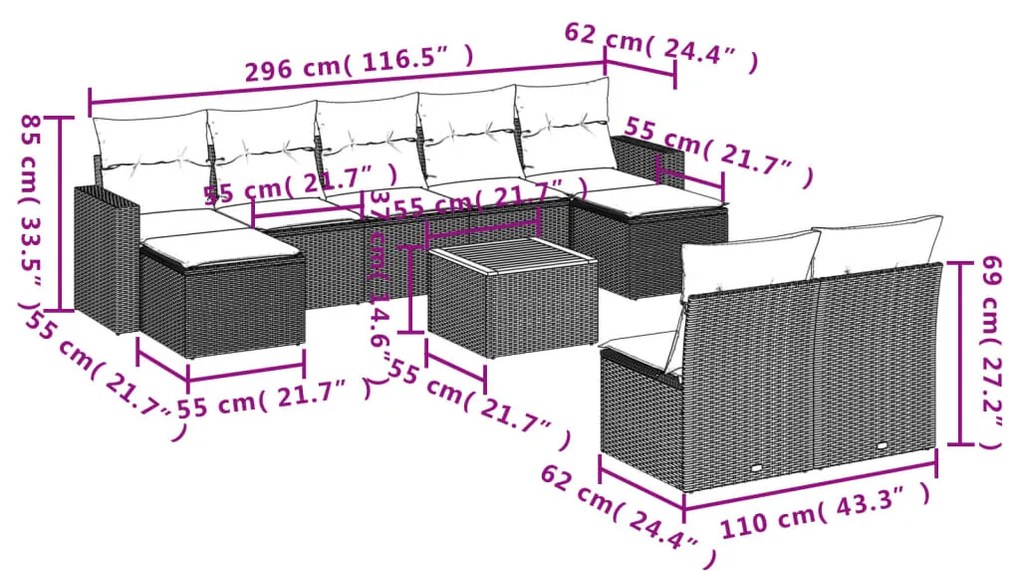 10 pcs conjunto de sofás p/ jardim com almofadões vime PE bege