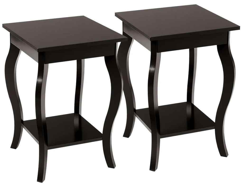Conjunto de 2 mesas de cabeceira de 2 camadas com pernas curvas para quarto, sala de estar e sala de estar 40 x 40 x 60 cm castanho