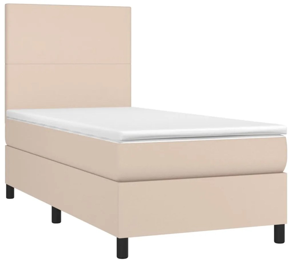 Cama box spring c/ colchão/LED 90x190cm couro artif. cappuccino