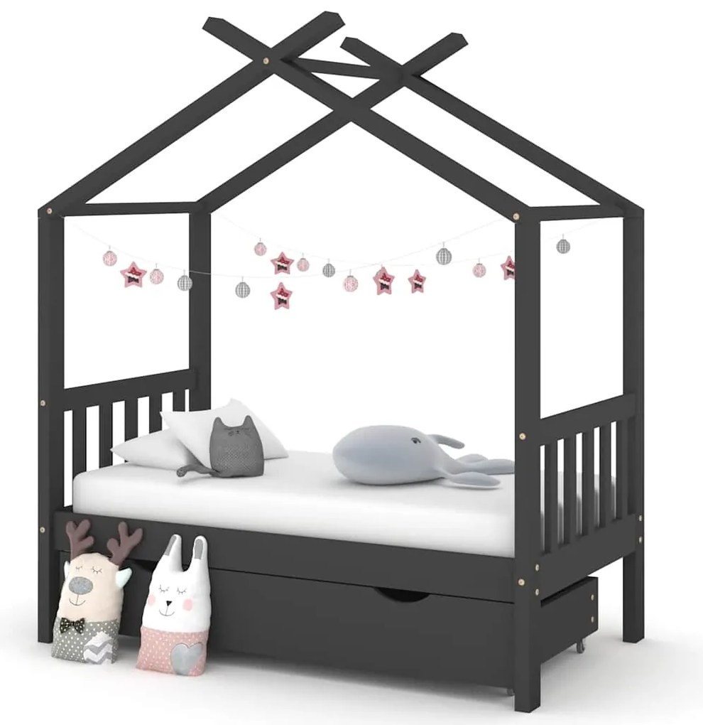 Cama de criança c/ gaveta 70x140 cm pinho maciço cinza-escuro