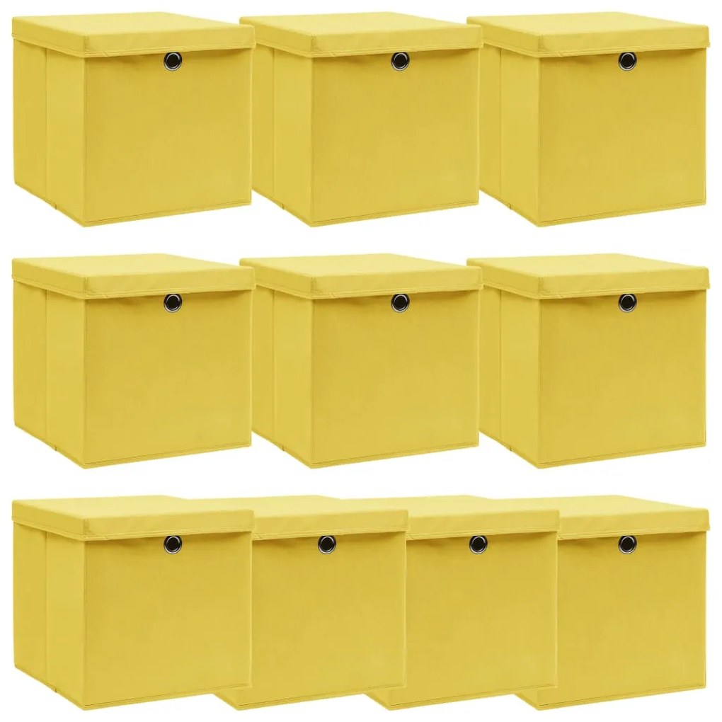 vidaXL Caixas de arrumação com tampas 10pcs 32x32x32 cm tecido amarelo