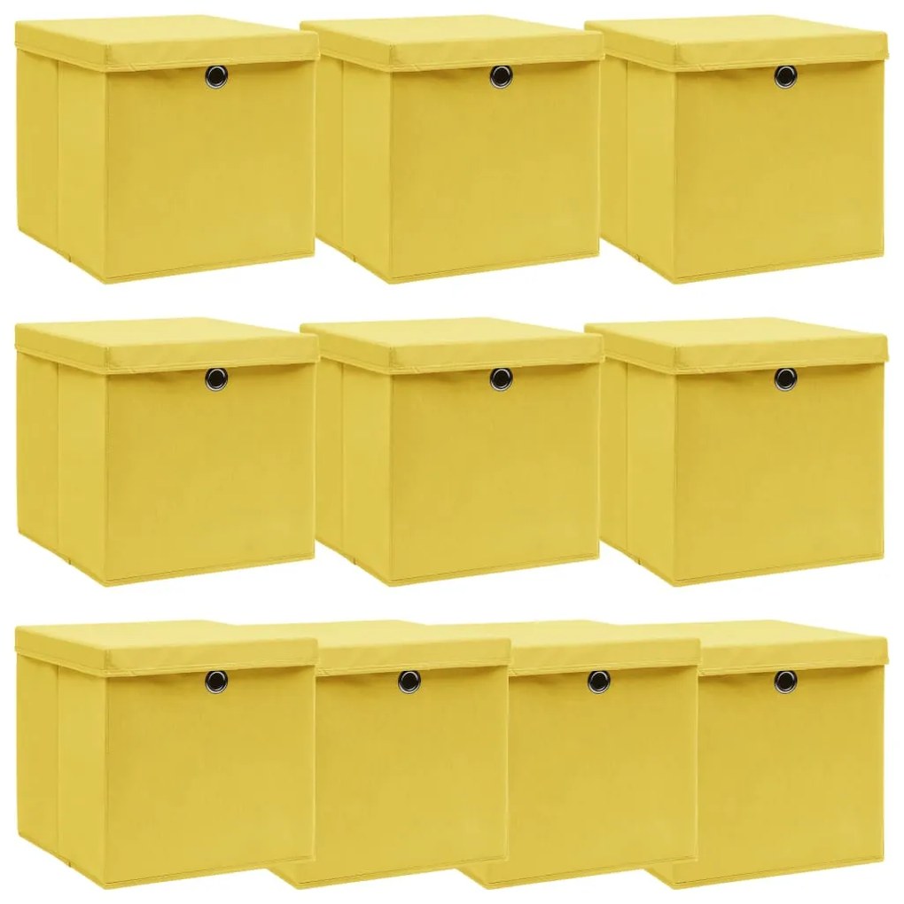Caixas de arrumação com tampas 10 pcs 32x32x32cm tecido amarelo