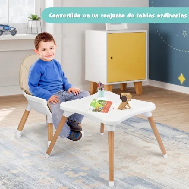 Cadeira alta refeições bebés 4 em 1 conversível em madeira com arnês de 5 pontos, bandeja removível e ajustável em 4 posições e almofada em PU cáqui