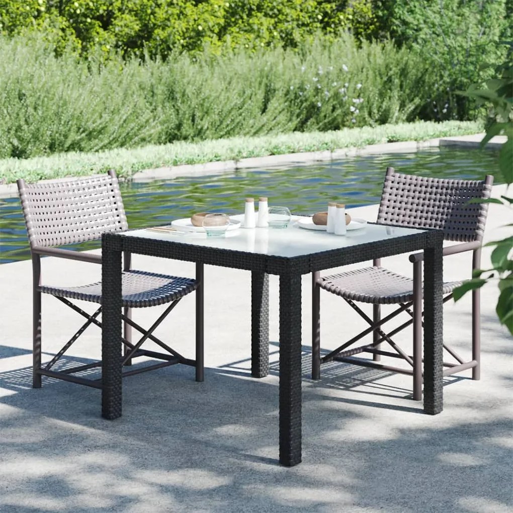 316698 vidaXL Mesa de jardim 90x90x75 cm vidro temperado e vime PE preto