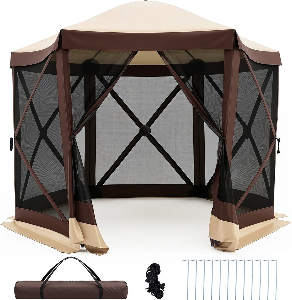 Tenda de Jardim Hexagonal Dobrável, 300 x 258 x 230 cm, Montagem Rápida, Castanho
