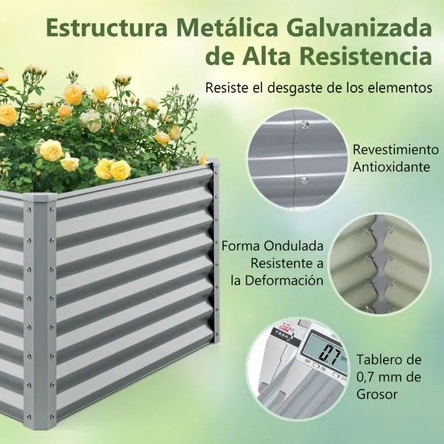 Floreira elevada de metal para jardim 180 x 95 x 60 cm, cama de cultivo retangular com barras reforçadas e fundo aberto, cinzenta
