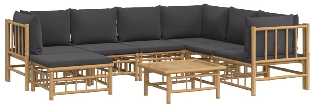 8pcs conj. lounge de jardim bambu c/ almofadões cinzento-escuro