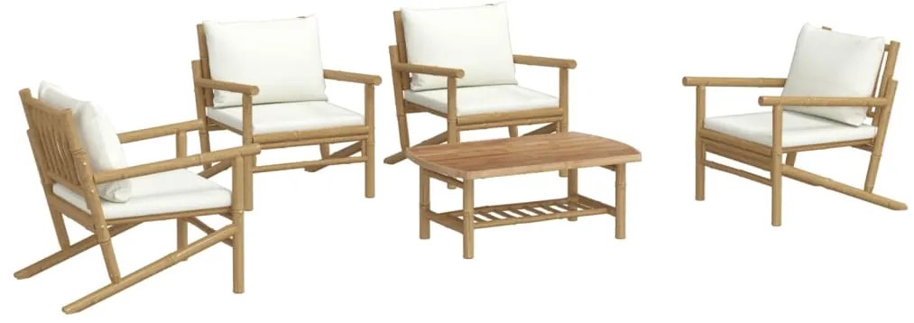 5 pcs conjunto lounge de jardim bambu c/ almofadões branco nata