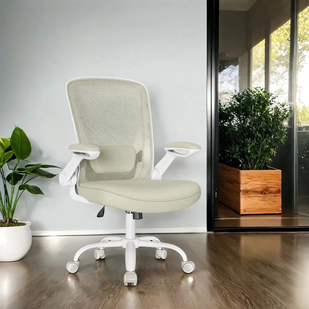 Cadeira de escritório com revestimento em malha e apoio lombar almofadado bege