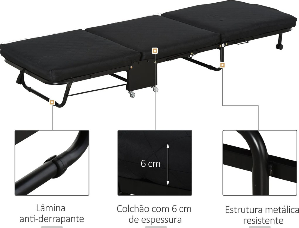 Cama Dobrável "Host" com Apoio de Cabeça Ajustável - Preto - 184x65x26