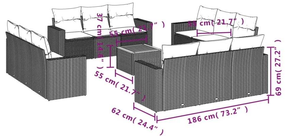 13 pcs conjunto sofás p/ jardim c/ almofadões vime PE cinzento