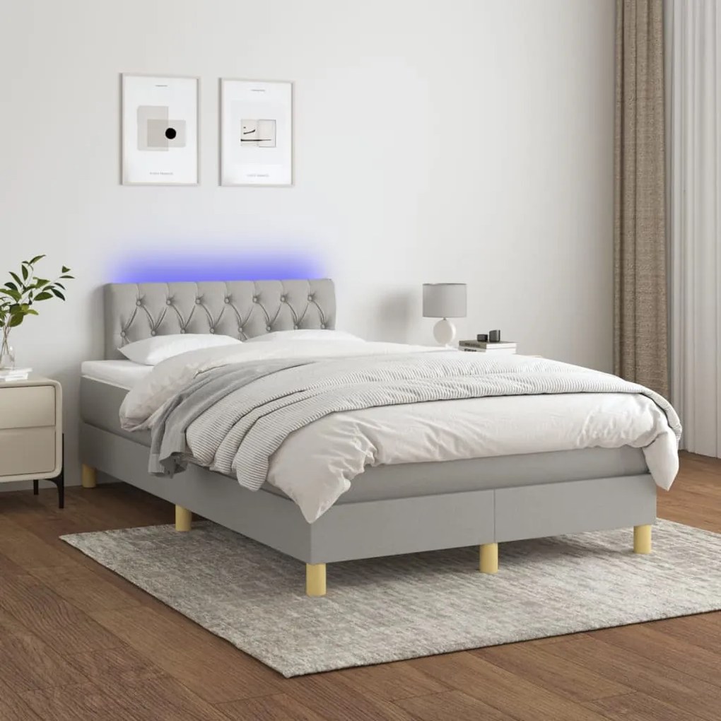 Cama box spring c/ colchão e LED 120x200 cm tecido cinza-claro