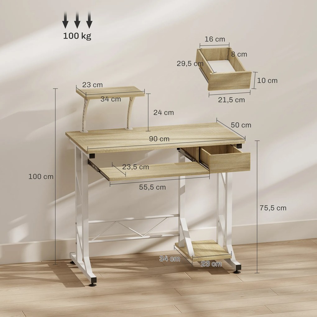 Secretária para Computador com Bandeja para Teclado e Gaveta Mesa de Estudo para Escritório 90x50x100 cm cor Carvalho