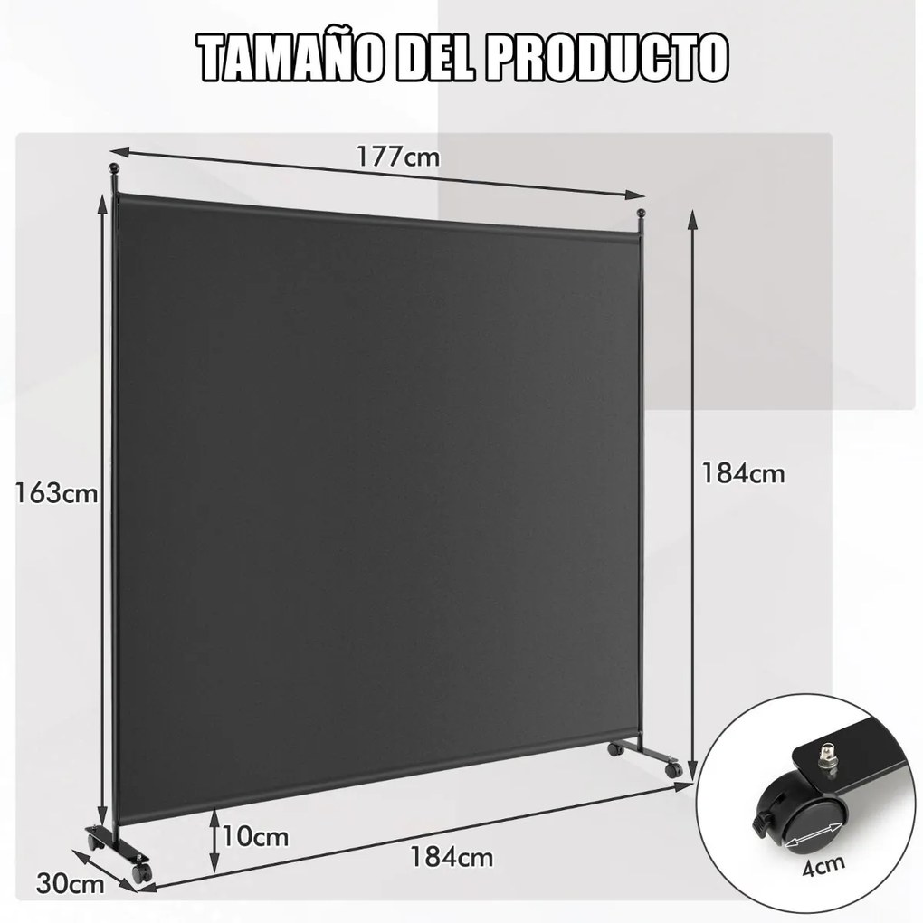 Biombo Divisória de ambientes 184 x 30 x 184 cm com painel único, tela de privacidade larga com rodas bloqueáveis Preto