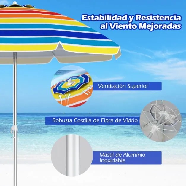 Guarda-sol de praia portátil com inclinação ajustável e saco de transporte para jardim, pátio, exterior 198 x 213 cm Multicolor