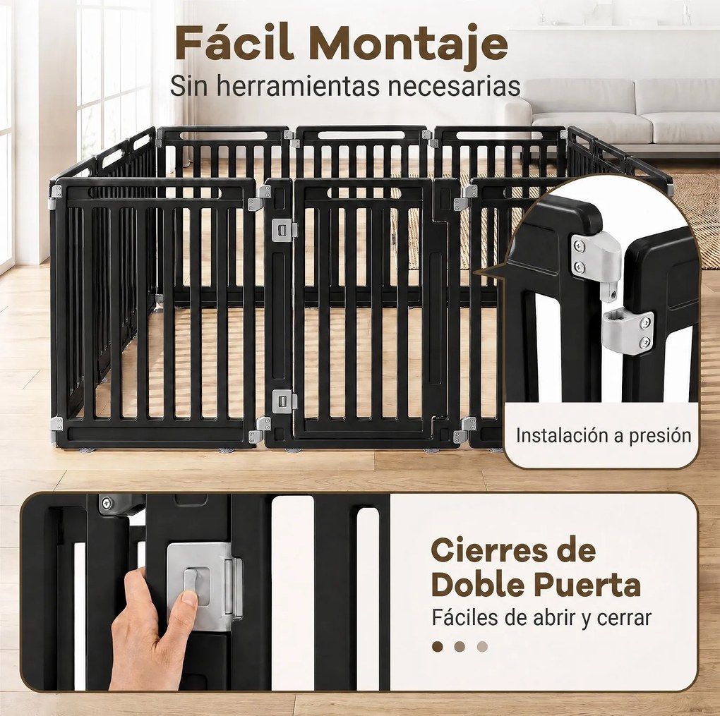 Recinto para Cães com 11 Painéis Modulares, 53 x 81 cm, Porta com Duplo Fecho, Preto