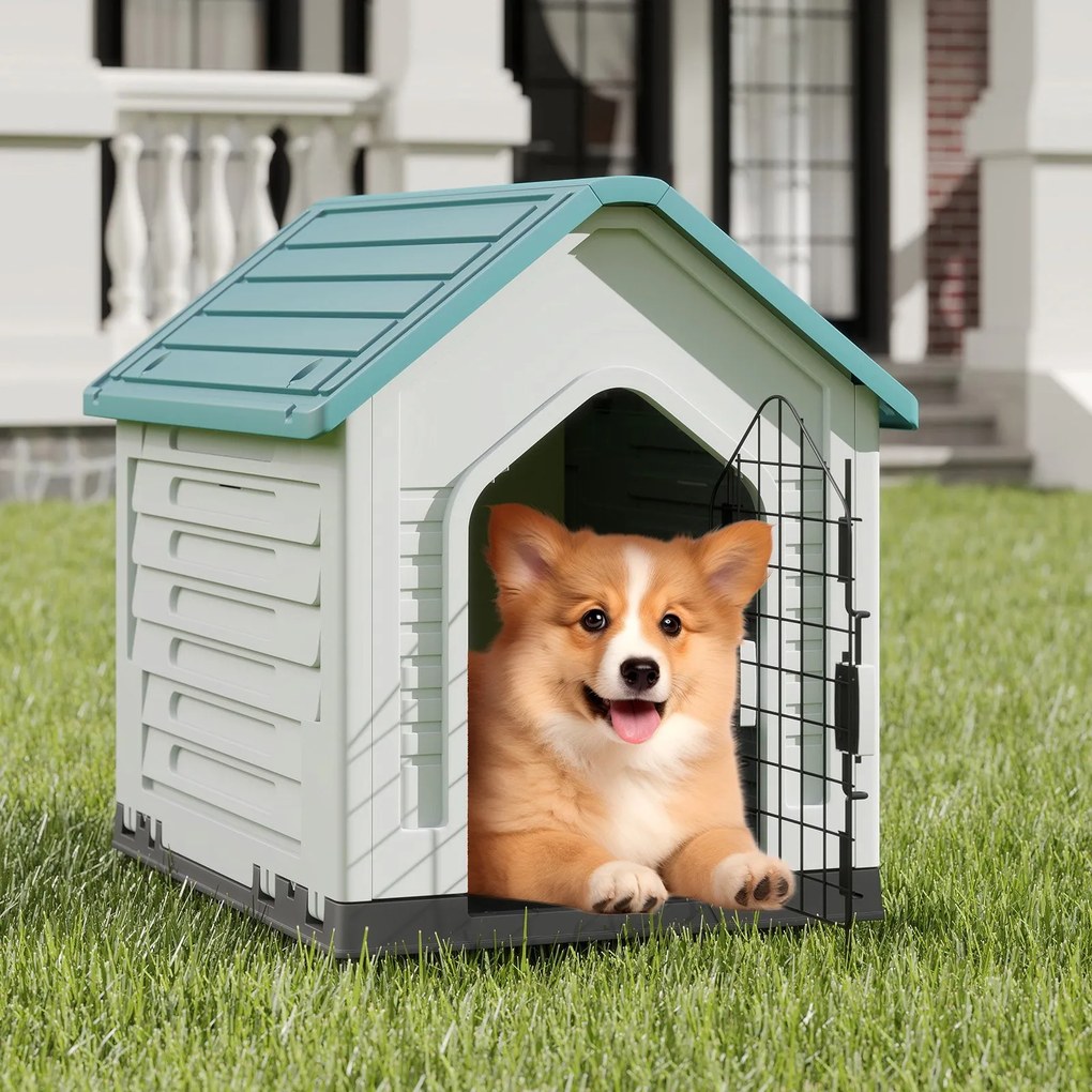 Casa de cachorro de plástico para acomodação de animais com porta de metal com fechadura, aberturas de ventilação e telhado inclinado cinza