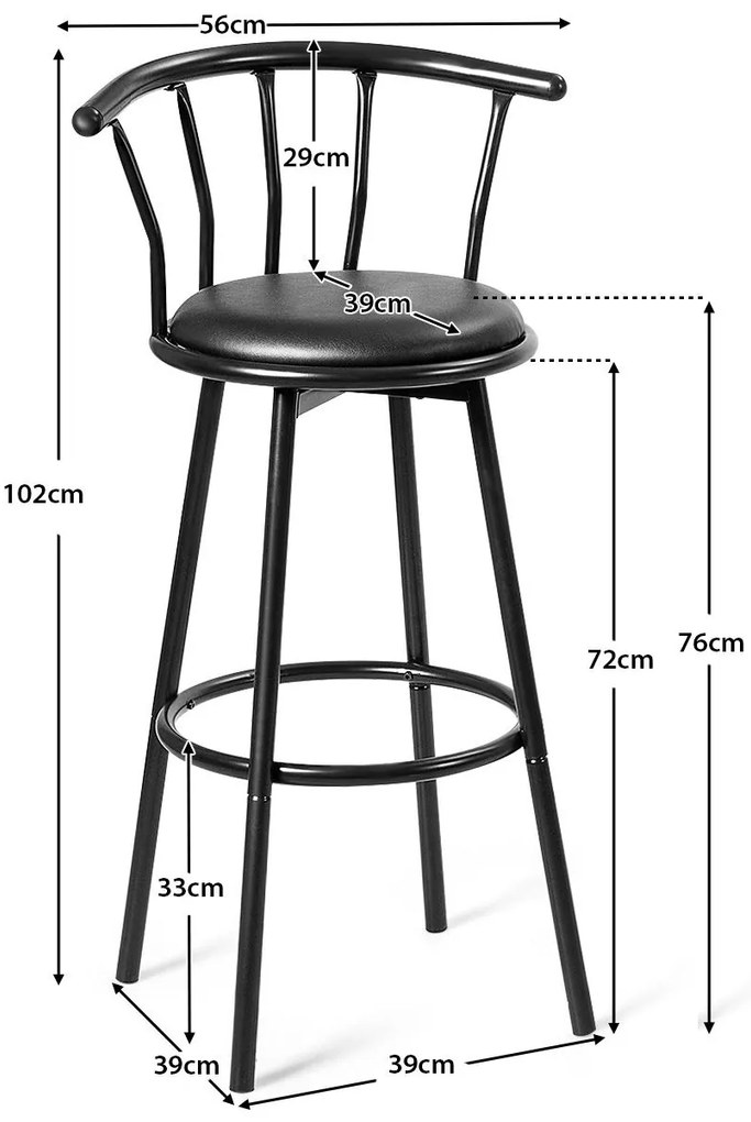 Conjunto de 2 bancos de bar alto de metal 55 x 56 x 102 para cozinha, sala de jantar, cozinha industrial Preto