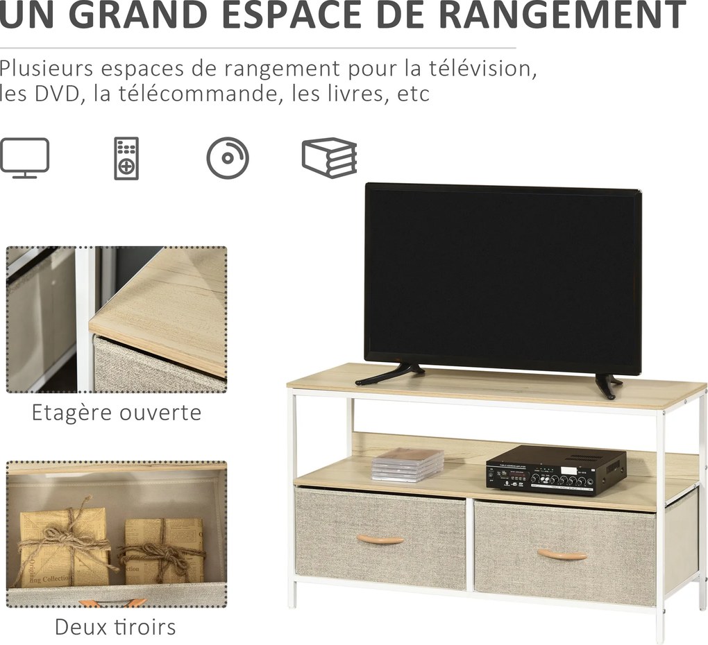 Móvel de TV baixo com pés 98 L x 29 P x 56 A cm, estilo industrial, com 2 gavetas em tecido cinzento, cor madeira natural e metal branco